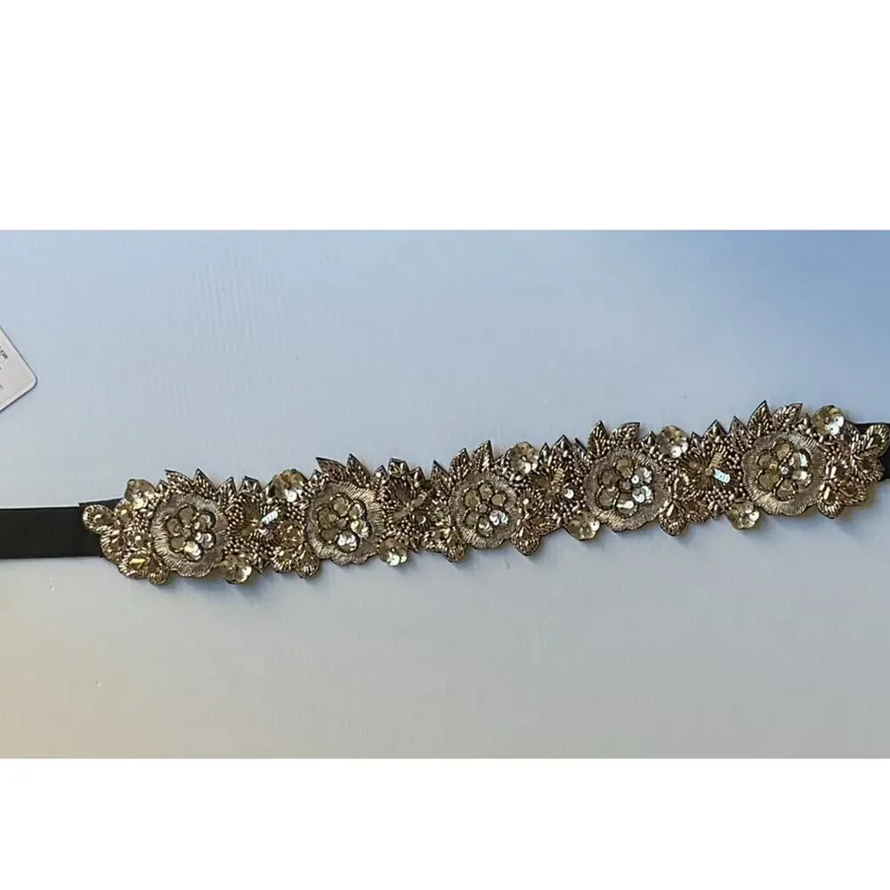 Gold Beaded Floral Belt  Elastic Waistband Sequin NWT Embroidered Boho Festival